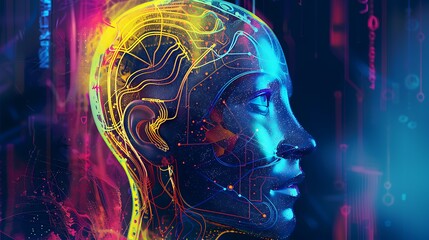 Wall Mural - A vibrant digital illustration of a human profile with futuristic circuitry and glowing neon lines representing artificial intelligence. 