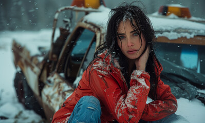 Wall Mural - A woman in a red jacket sits in the snow next to a rusted truck. The scene is cold and desolate, with the woman's wet hair
