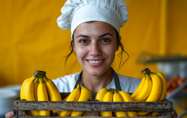 Wall Mural - A woman wearing a chef's hat is holding a basket of bananas. She is smiling and she is happy