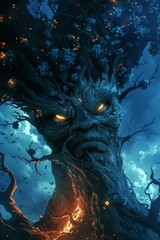 Angry ent, alive tree character stand on his roots on the mountain's top with scary fearful emotions on his face, close up portrait. Vertical illustration in cartoon style.
