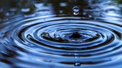 Wall Mural -  A close-up of a water drop against a black-and-white backdrop reveals droplets on its underside and the surface below