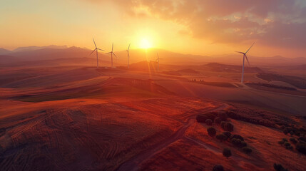 Wall Mural - Wind Turbines Windmill Energy Farm at sunset in Italy, aerial view 