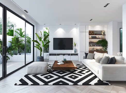 Beautiful modern living room with chevron black and white rug, large sofa, tv stand, built-in cabinets, windows on the left side, garden view outside window, and indoor plants