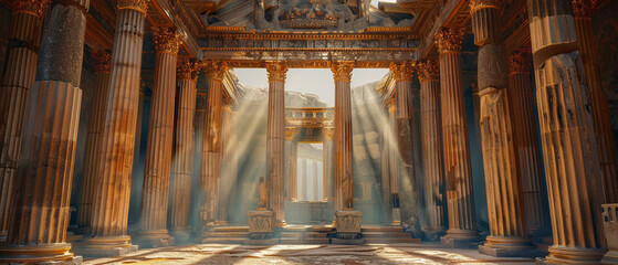 Inside of ancient greek temple, interiors illuminated by natural light with beautiful carved columns