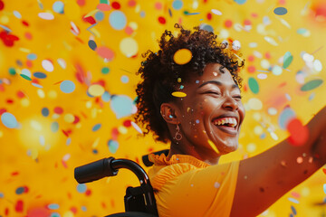 Winner. Happy black woman sitting in a wheelchair celebrating winning a competition. New hire job success. Candid african american woman smiling under confetti at an office party. Yellow background, 