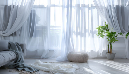 Wall Mural - Light grey window curtains and white tulle indoors