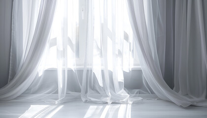 Wall Mural - Light grey window curtains and white tulle indoors
