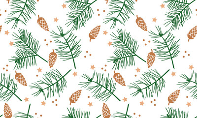 Wall Mural - Christmas seamless pattern.Pine branches and cones,Holiday wallpaper and wrapping paper design. vector digital illustration