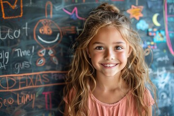 A young cute student with long blond hair stands in front of a board with various inscriptions and drawings.