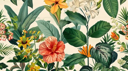 A beautiful vintage illustration of a variety of flowers and leaves.