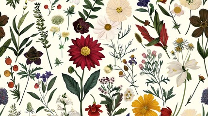Poster - A beautiful floral pattern with a variety of flowers and leaves in a seamless repeat.