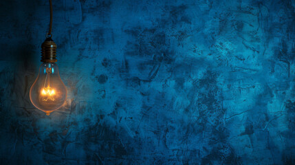 Poster - Classic edison bulb emits warm incandescent light against a textured blue wall