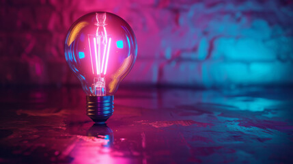 Poster - Shiny surface reflecting colorful neon glow from illuminated light bulb