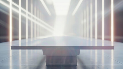 Aufkleber - Empty white bench bathed in natural light, with geometric lines and a warm glow