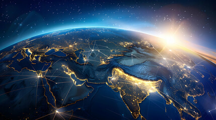 Digital world globe centered on Middle East, concept of global network and connectivity on Earth, data transfer and cyber technology, information exchange and international telecommunication