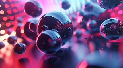 3D rendering of a group of glossy black spheres with glowing red and blue lights reflecting on their surfaces.