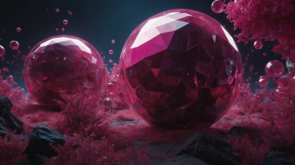 Poster - Surreal landscape unfolds, presenting two large, faceted ruby spheres resting on ground blanketed in pink foliage. Background teems with smaller floating bubbles, haze permeates scene.