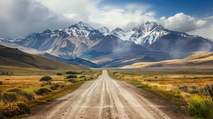 Wall Mural - empty dirt road leading to majestic mountains landscape photography