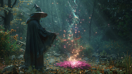 Enchanted forest sorcery: wizard conjures magical spell