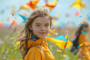 Wall Mural - Children playing with colorful kites in a field. Concept of spring festivals and outdoor fun. Generative Ai.