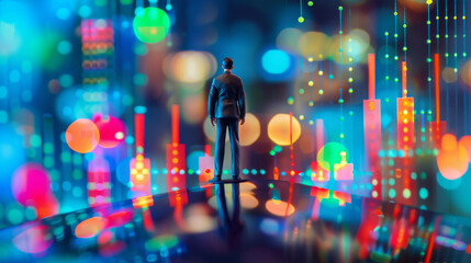 Aufkleber - Small businessman figurine standing in front of abstract digital financial charts