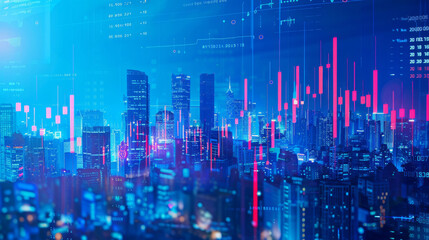 Aufkleber - Abstract concept image blending a modern city skyline with vibrant stock market data visualization