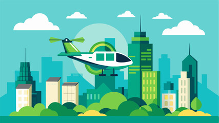Flying over a city that prides itself on its green initiatives the air taxi is a symbol of progress and sustainable living.. Vector illustration