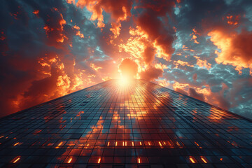 Wall Mural - A towering skyscraper reflecting the sunset. Concept of modern architecture and urban development. Generative Ai.