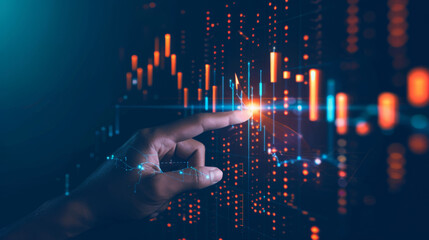 Poster - Hand interacting with futuristic holographic stock market data representation