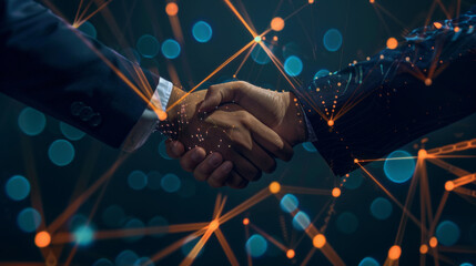 Poster - Two professionals shaking hands with digital network connections symbolizing partnership in the tech era