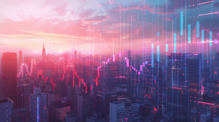 Aufkleber - City skyline at dusk with luminous stock market charts digitally superimposed