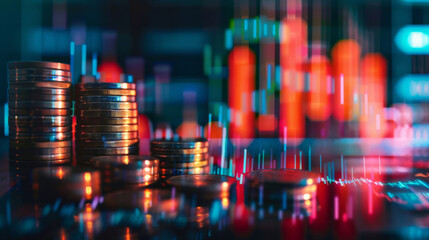 Poster - Stacks of coins against a backdrop of glowing stock market graphs, illustrating investment and economic growth