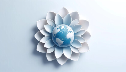 Blue Earth with White Petals Symbolizing Global Unity