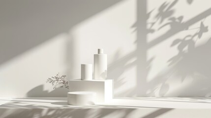 Poster - Product presentation in a white studio setting with window shadows and blurred backdrop