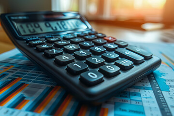 Poster - a calculator and spreadsheet filled with numbers, indicating meticulous budgeting and financial plan