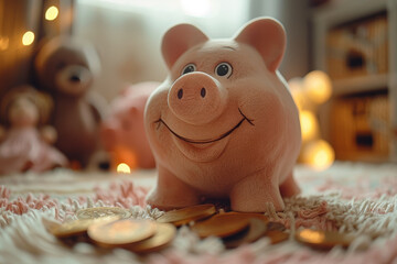 Poster - A piggy bank being filled with coins, teaching children the importance of saving money from a young age. Concept of financial education and saving habits. Generative Ai.