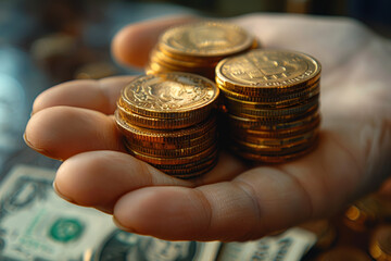 Poster - A person's hand holding a stack of coins and dollar bills, illustrating the concept of wealth accumulation and financial prosperity. Concept of financial success and abundance. Generative Ai.