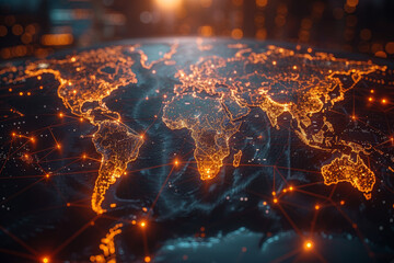 Poster - A network of interconnected lines and dots on a world map, symbolizing the interconnectedness of global trade and communication. Concept of global connectivity and networking. Generative Ai.