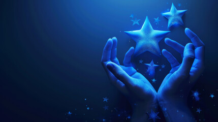 Poster - Mystical image of hands gently holding glowing stars on a dark blue backdrop