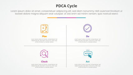 PDCA plan do check act framework infographic concept for slide presentation with matrix structure and line divider with 4 point list with flat style