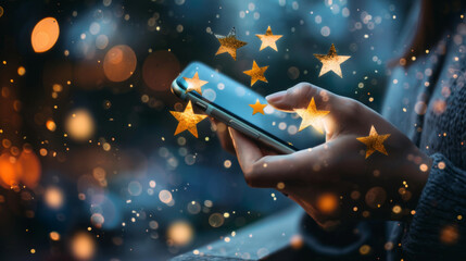 Aufkleber - Hand holding a smartphone with animated stars, portraying digital enchantment
