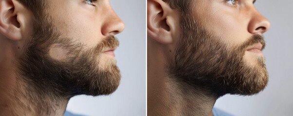 Collage of two photos of a man with a beard hair loss problem before and after treatment, anti-hair loss procedures, hair transplant, on a gray background, collage. Visit to a trichologist.