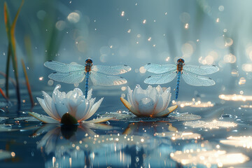 Poster - Light pastel dragonflies hovering over a serene pond. Concept of nature and calmness. Generative Ai.