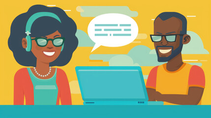 Poster - A man and a woman are seated in front of a laptop computer, engaging in work or study activities