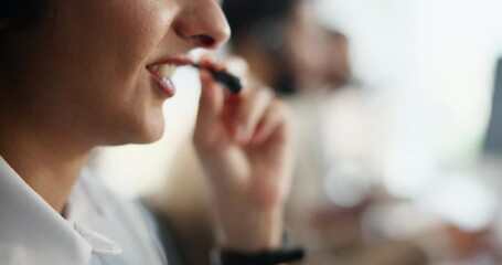 Poster - Office, closeup and woman with headset in call center as operator, discussion or telecommunication. Professional crm consultant talking for advice, support or answer questions for customer service