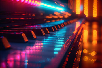 Poster - black and white piano keys against a background of multicolored stage lights. concept of music and p
