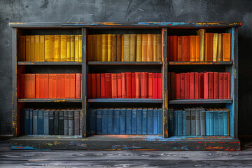 Sticker - Monochrome bookshelf filled with colorful books, standing out against a neutral gray wall. Concept of literacy and interior decoration. Generative Ai.