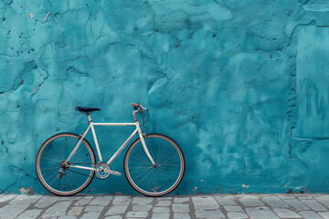 Poster - black and white bicycle leaning against a vivid blue wall in a bustling city street. concept of urba