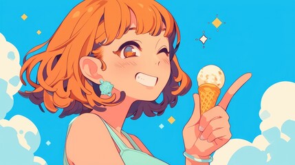 A cartoon character with a sweet smile giving the okay sign while holding a refreshing ice cream the perfect embodiment of summer indulgence