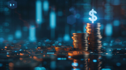 Poster - Stacks of coins with a glowing dollar sign representing economic growth and investment